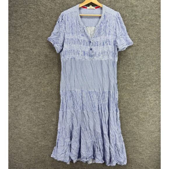 Cactus + Pearl Dress Women 2XL Blue Striped Shift Midi V-Neck Short Sleeve Rayon - Picture 1 of 7